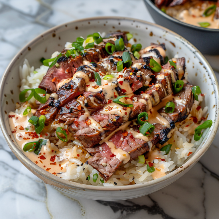 Korean BBQ Steak Rice Bowls with Spicy Cream Sauce